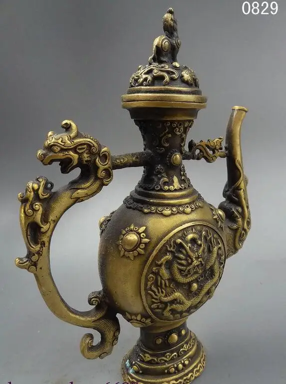 Народное искусство Китая китайская латунь JiXiang Fly Dragon Pearl Beast чайник скульптура