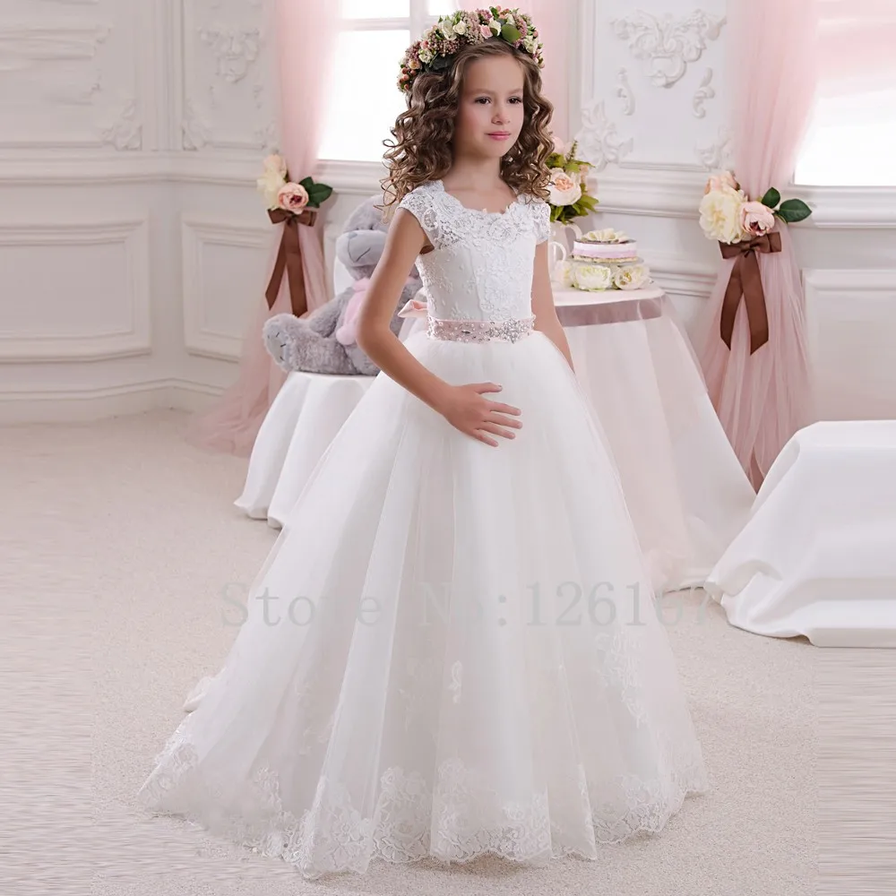 White Cap Sleeves Long Beaded Belts Flower Girls Dress 2017 Lace