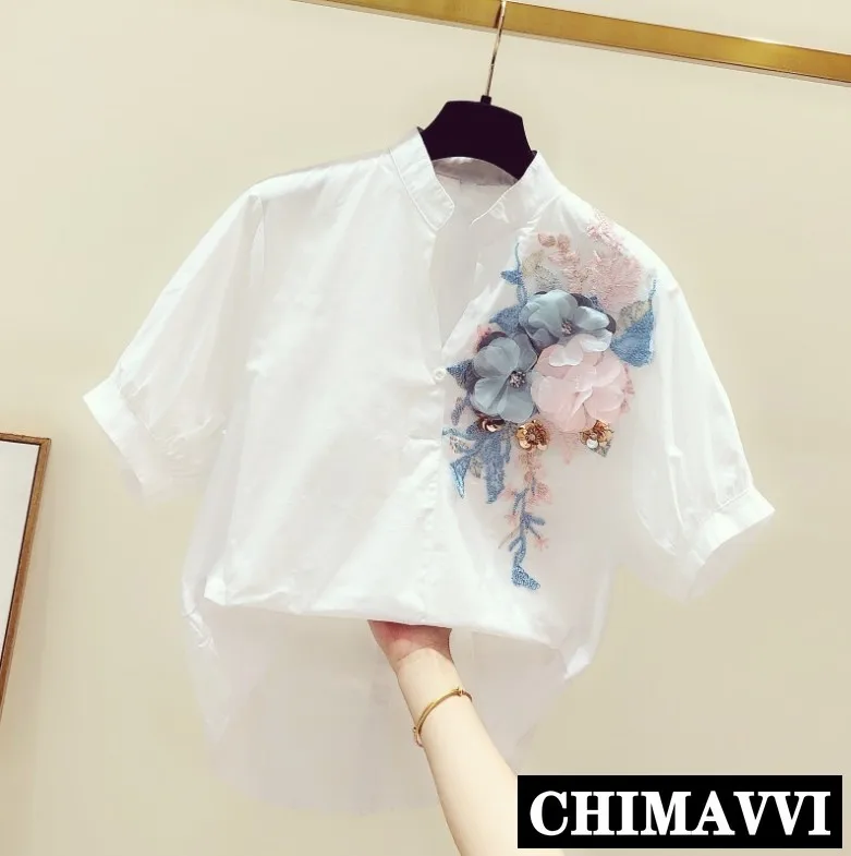 

New Fashion Summer Women's V-neck Flower Embroidered White Shirts Fairy Short Sleeve Loose Blouse Female Sweet Blusas Tops