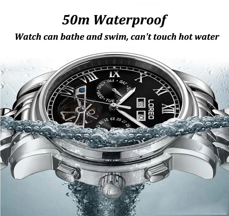 LOREO Brand Swim Men's Tourbillon Mechanical Watches Perpetual Calendar Waterproof Sport Watch Men Watch Clock saat reloj hombre