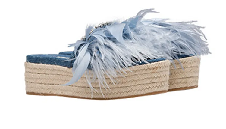 

Chmaori 2018 Hot Sale Woman Feather Embellised Thick Platform Summer Slippers Girls Slingback Outside Shoes Lady Open Toe Shoes
