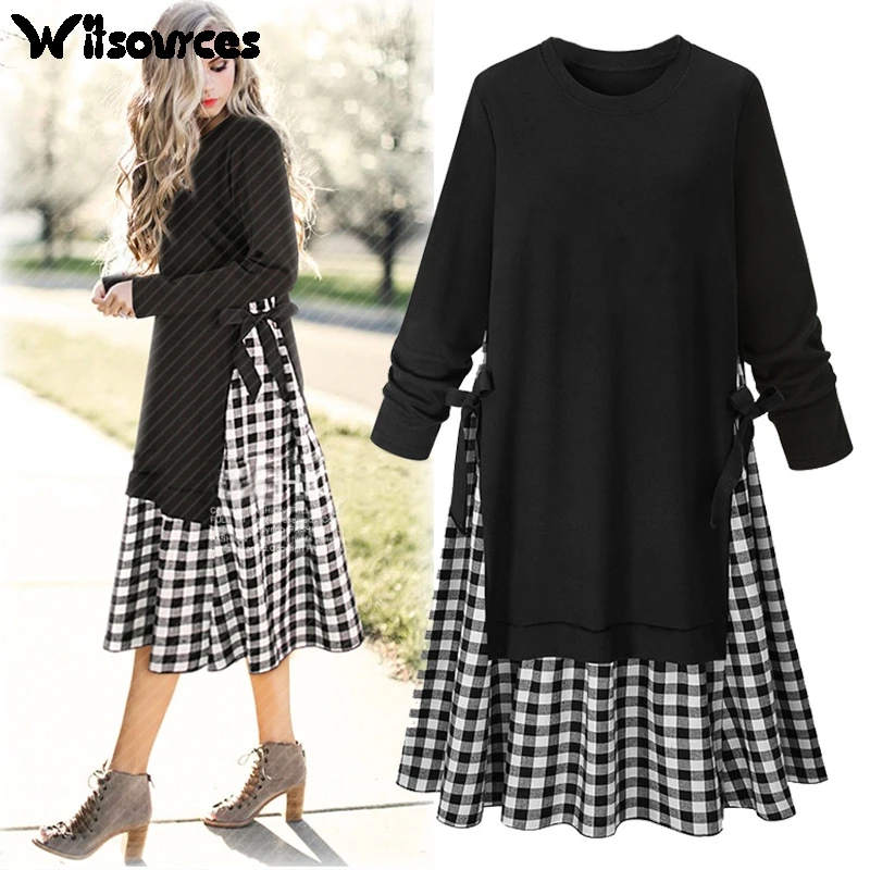 

Witsources women fake 2 pieces long sleeve dresses 2018 new casual O neck casual dress SD4089