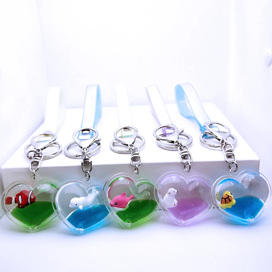 Moving Glitter Quicksand Liquid Ocean Animal World Keyring Drift Bottle