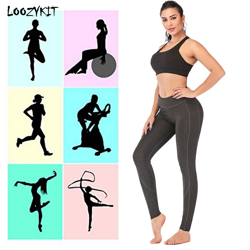 

LOOZYKIT Women's Pocket Workout Leggings Sexy High Waist Gym Running Yoga Pants Tummy Control Solid Spring Autumn Slim Fit Pants
