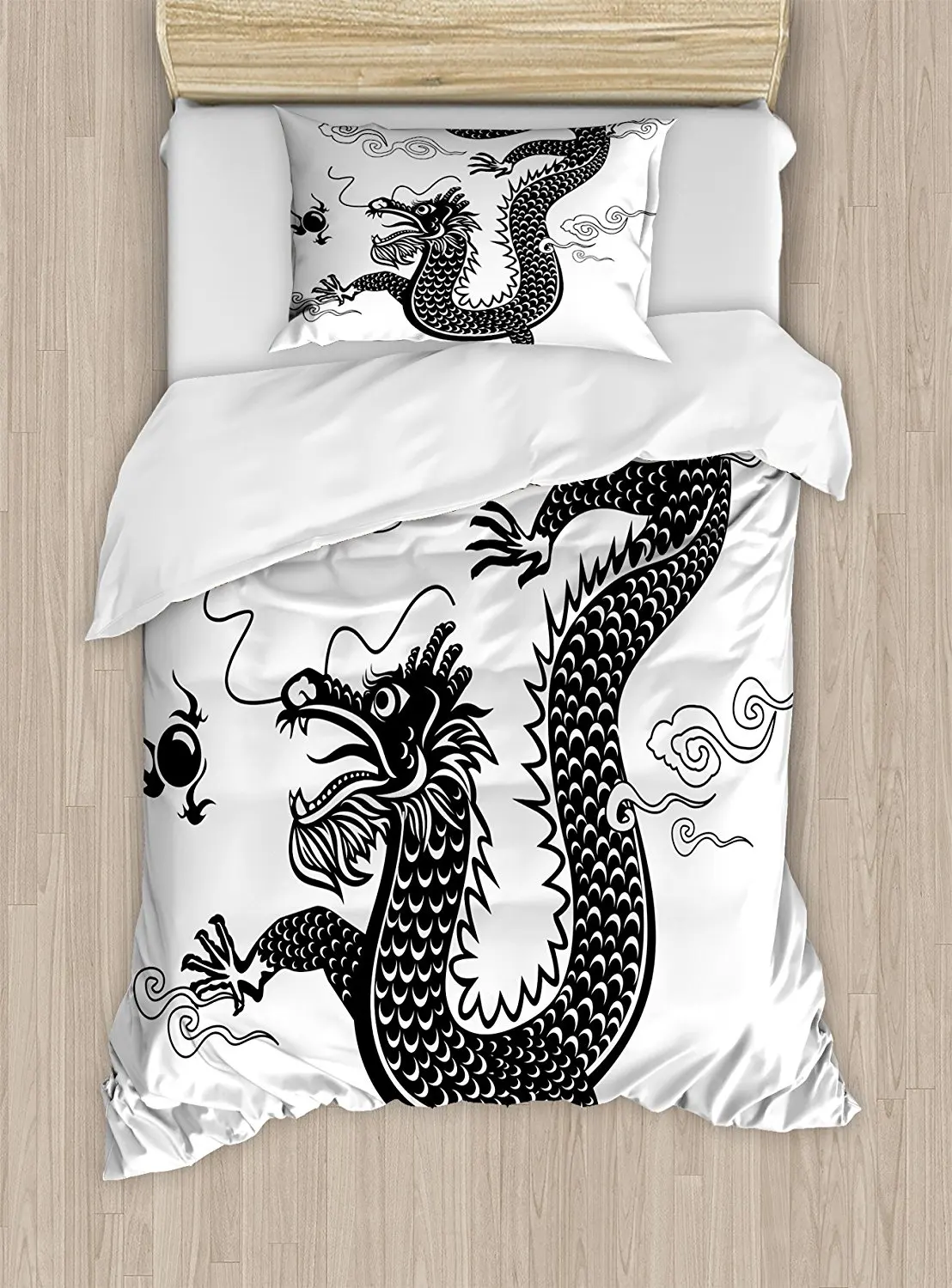 Dragon Duvet Cover Set Funny Traditional Chinese Dragon at Sea Waves