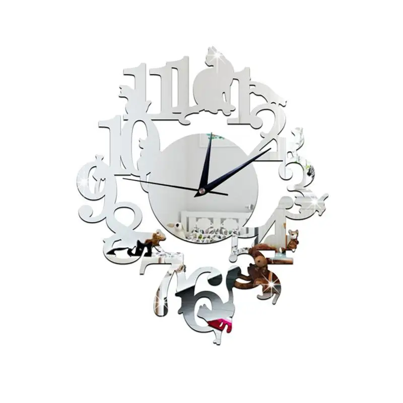 3D DIY Acrylic Mirror Sticker Wall Watch Clock Home Decor Living Room Decoration Cat on Shelf Design (Silver)
