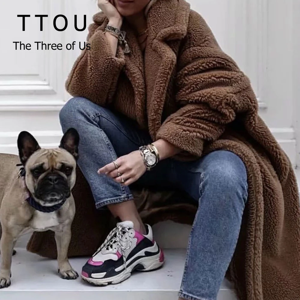 

TTOU new teddy coat faux fur long coat women lamb fur coat thick warm fluffy overcoat outwear streetwear
