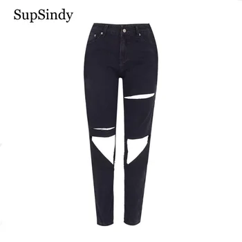 

SupSindy fashion women jeans High waist loose straight jeans wild Slim knee Ripped Hole mom jeans for women pants denim trousers
