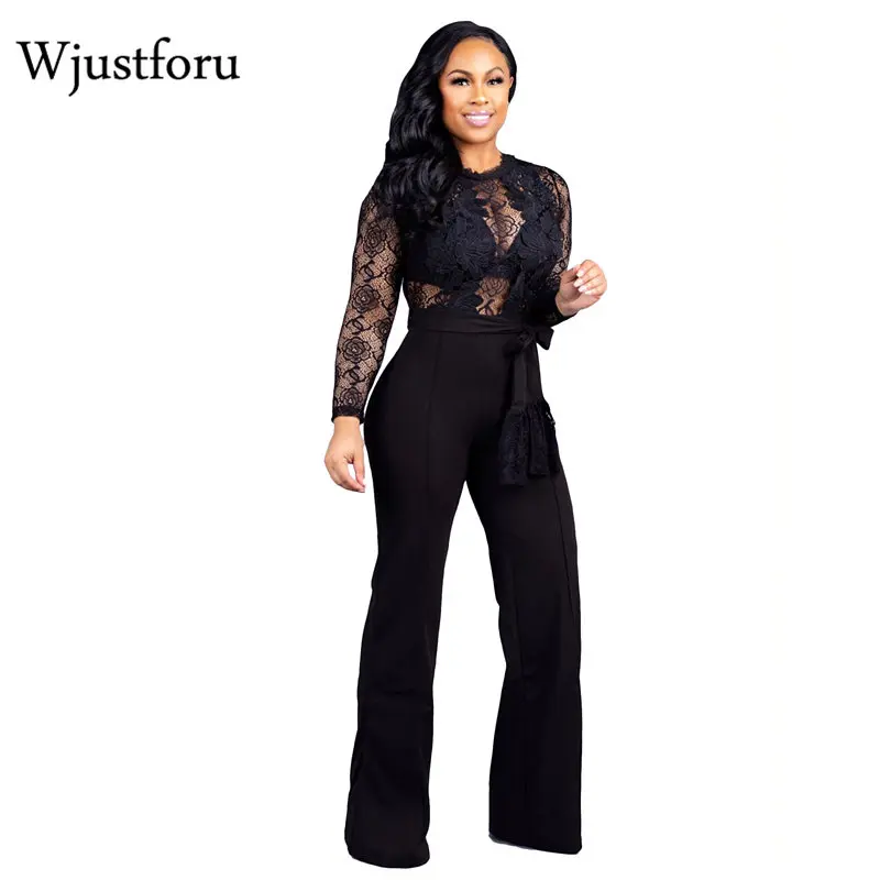 Wjustforu, черный элегантный кружевной комбинезон с широкими штанинами, женский модный сексуальный комбинезон с вырезами, Vestido, длинный рукав, повседневный комбинезон, тонкий