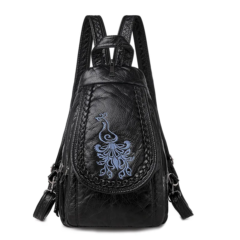 MJ женские кожаные рюкзаки для девочек маленькая Дорожная сумка на плечо женская мягкая кожаная сумка женский рюкзак с вышивкой - Цвет: Blue Embroidery