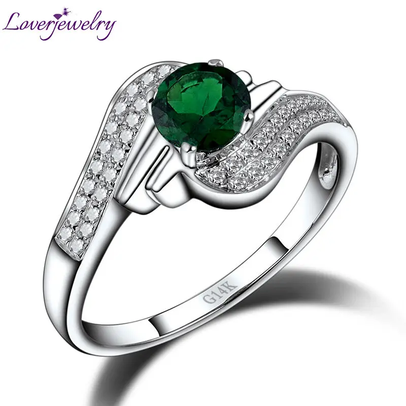 

LOVERJEWELRY Party Ring Pure 14K White Gold Natural Green Tsavorite Anniversary Rings Pretty Diamond Fine Jewelry For Women Gift