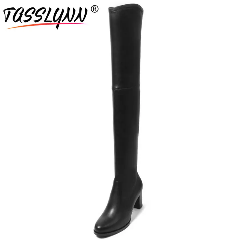 

TASSLYNN 2018 Women High Boots Cow Leather+PU Round Toe Over The Knee Witner Boots Women Square Heels Shoes Woman Size 34-39