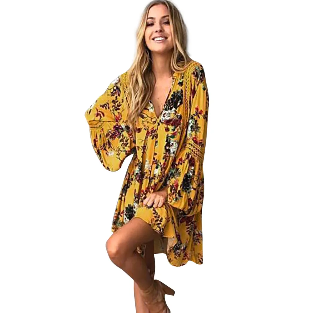 

Womens Fashion Ladies Summer Boho Floral Long Maxi Evening Party Beach Mini Dress Sundress Women Dresss 2109