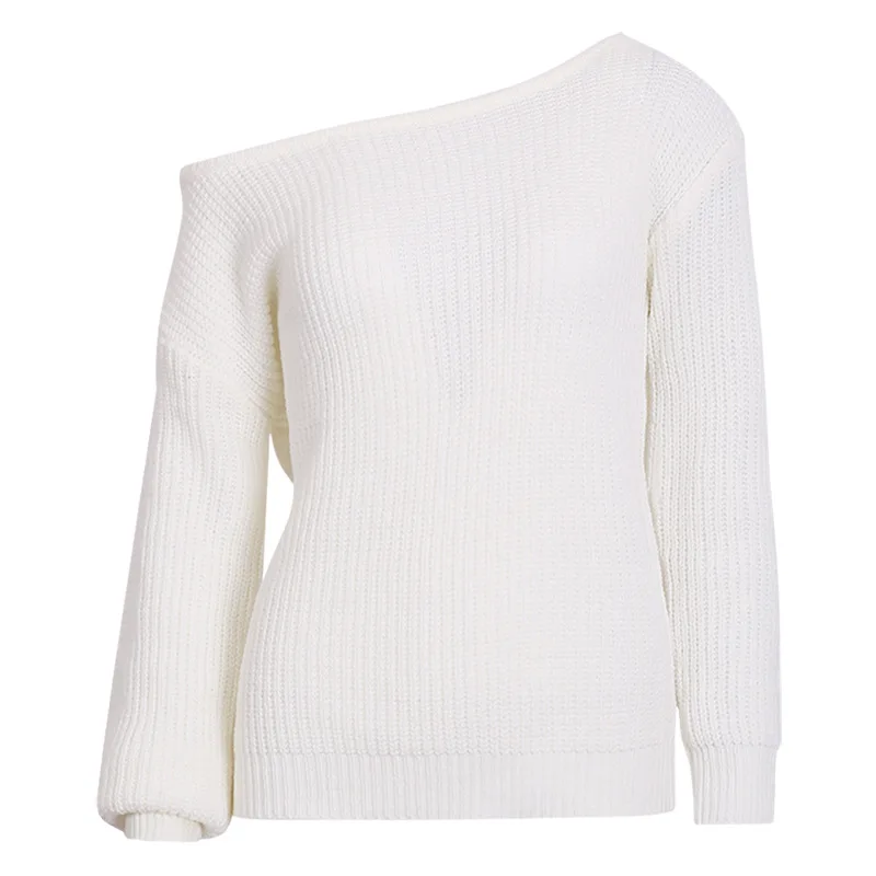 Новые женские свитера и пуловеры, вязанный женский свитер с вырезом лодочкой, Вязанный свитер с длинным рукавом на одно плечо AW091 - Цвет: White