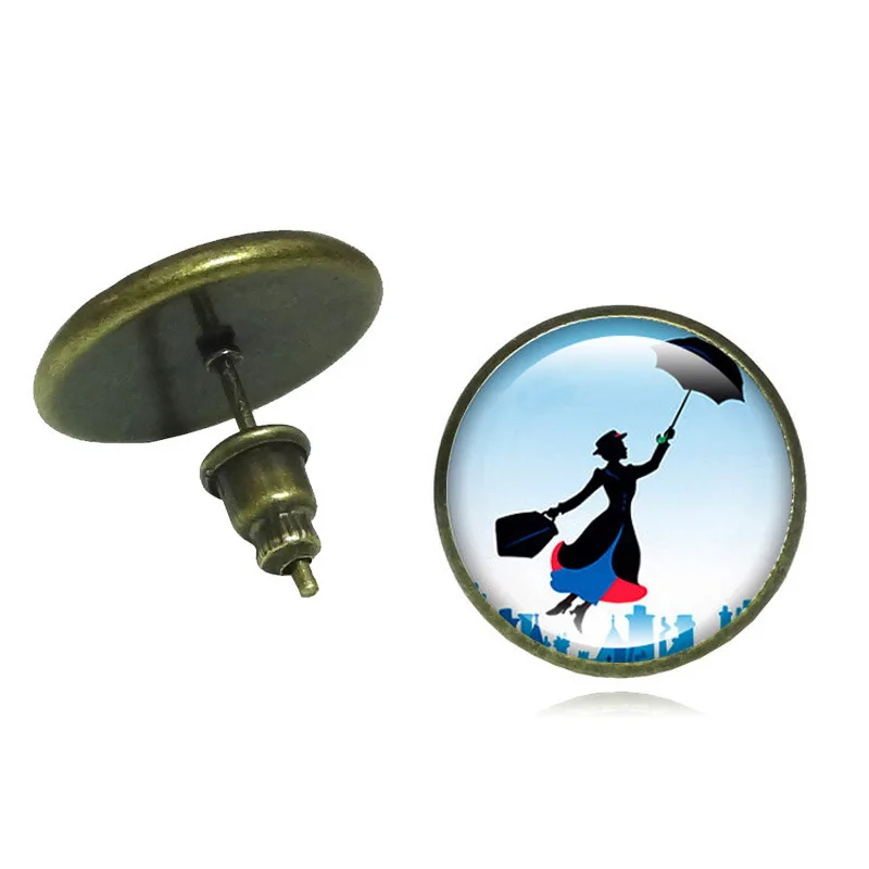 

Vintage Earring Jewelry with Silver/Bronze Plated Glass Cabochon Mary Poppins Pattern Stud Earring for Women Wedding Gift