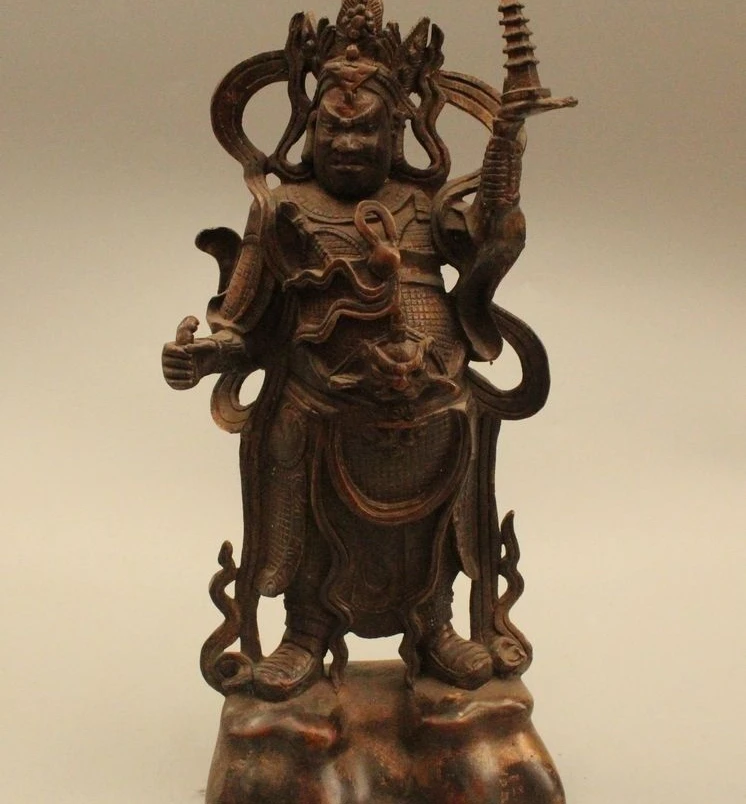 

12"Chinese Buddhism Folk Old Purple Bronze Pagoda Heavenly King Buddha Statue