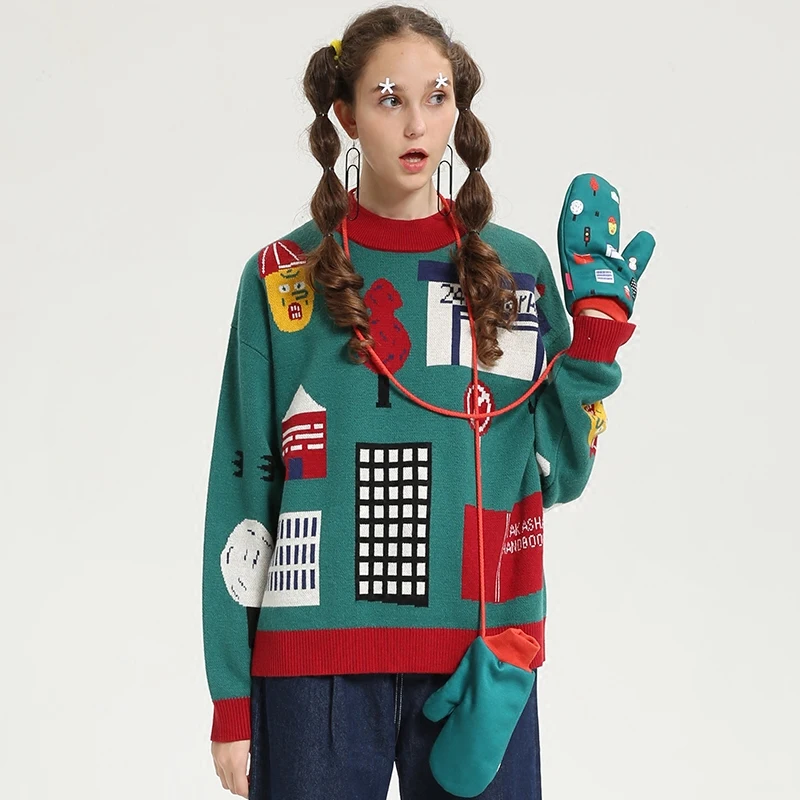 

Fashion Vintages Sweaters New Spring Autumn Women Thicken Woolen Pullovers Splicing Patterns Cute Preppy Sweater Kinted Tops