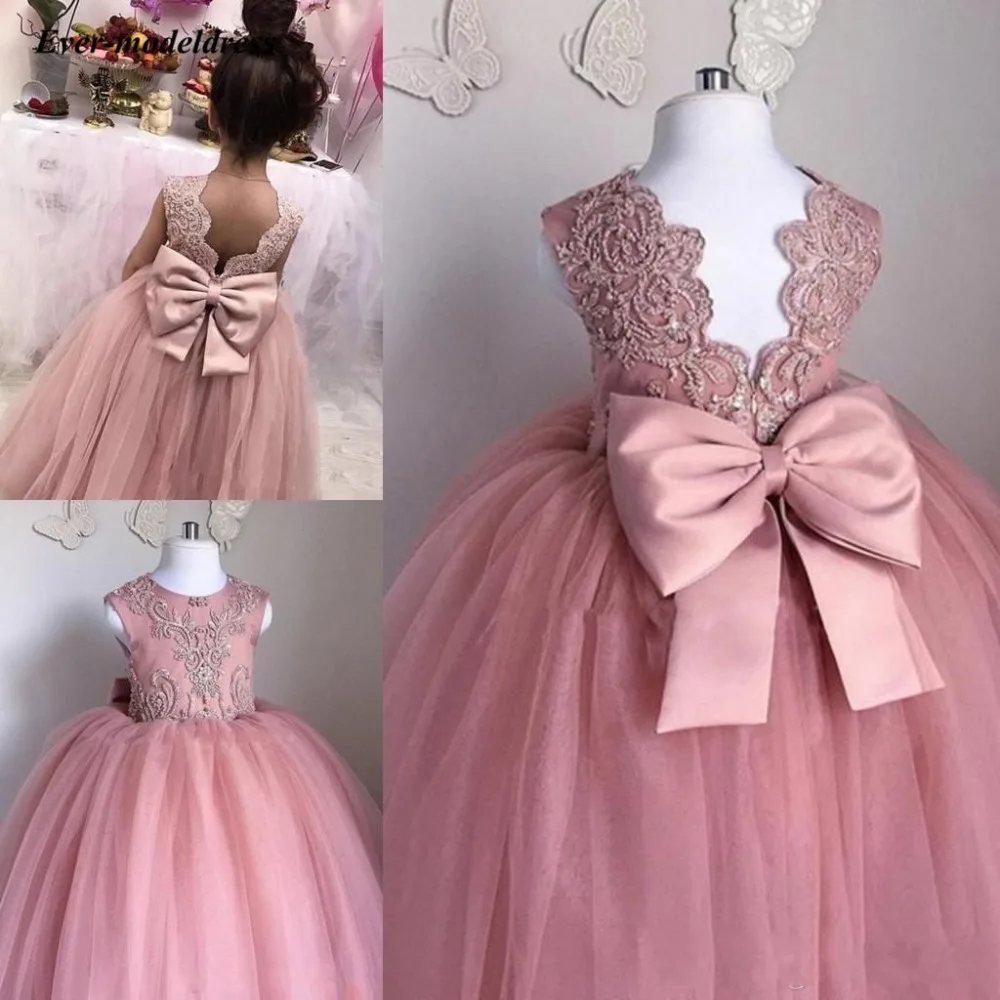 Billig Schöne Blume Mädchen Kleider 2020 Oansatz Ballkleid Großen Bogen Appliques Lange Kleine Pageant Kleider Mädchen Erstkommunion Kleider Günstige