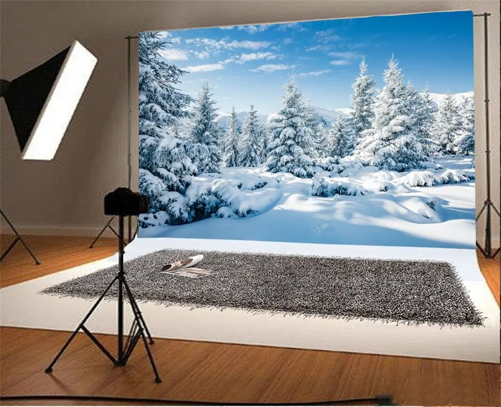 

Photography Backdrop Xmas Tree Rural Snow Covered Scene Merry Christmas Photo Background Party