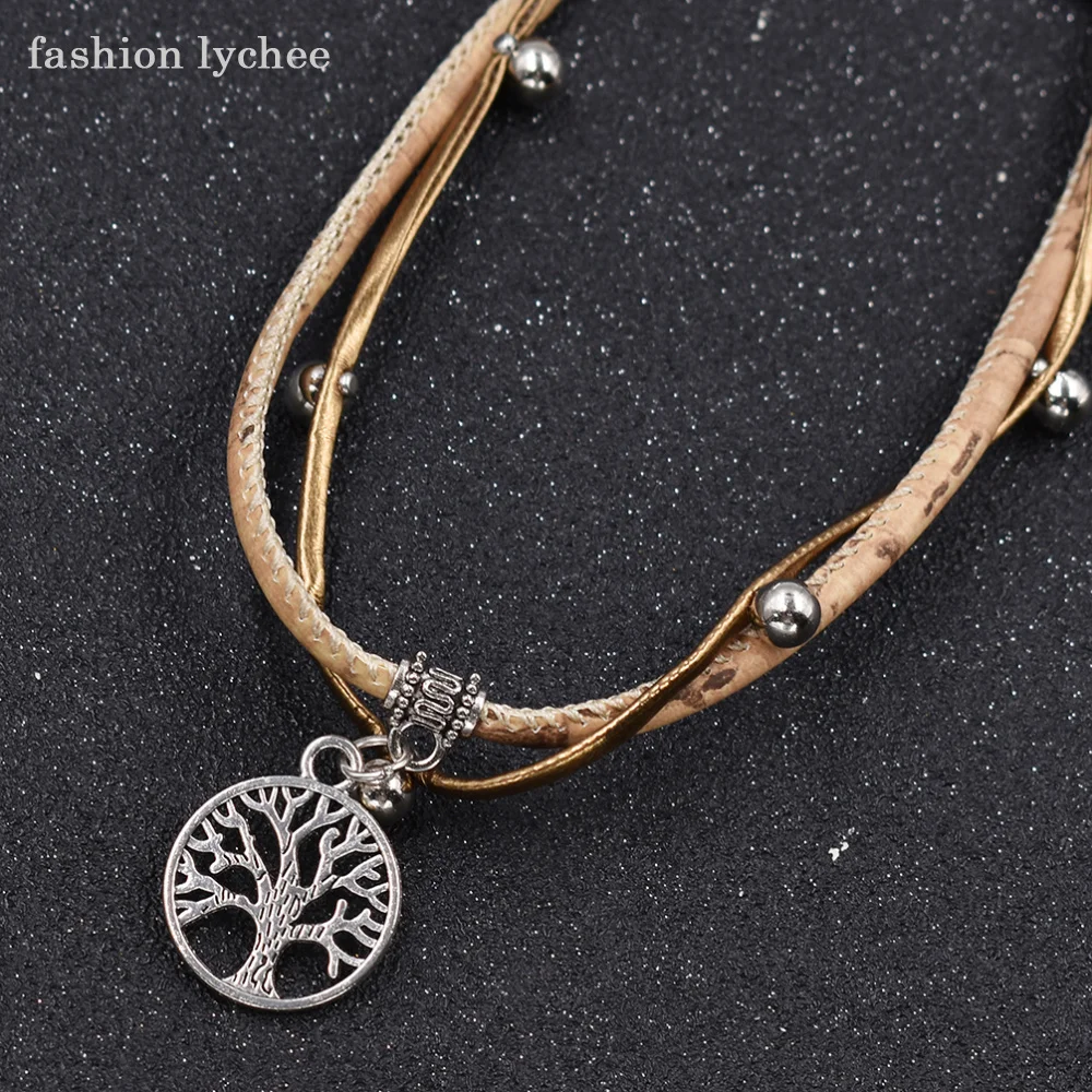 Модное металлическое ожерелье с подвеской в виде креста из личи дерева жизни для женщин, цепочка из пробковой веревки, модное ожерелье для банкета, ювелирное изделие