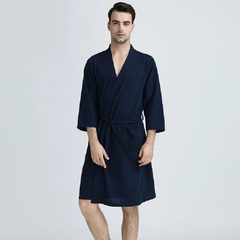 Для мужчин и женщин, летнее кимоно, банный халат, сосут воду, мужской халат, сексуальный трикотажный вафельный спа Халат, мужской Одноцветный Халат - Цвет: Navy Blue Men