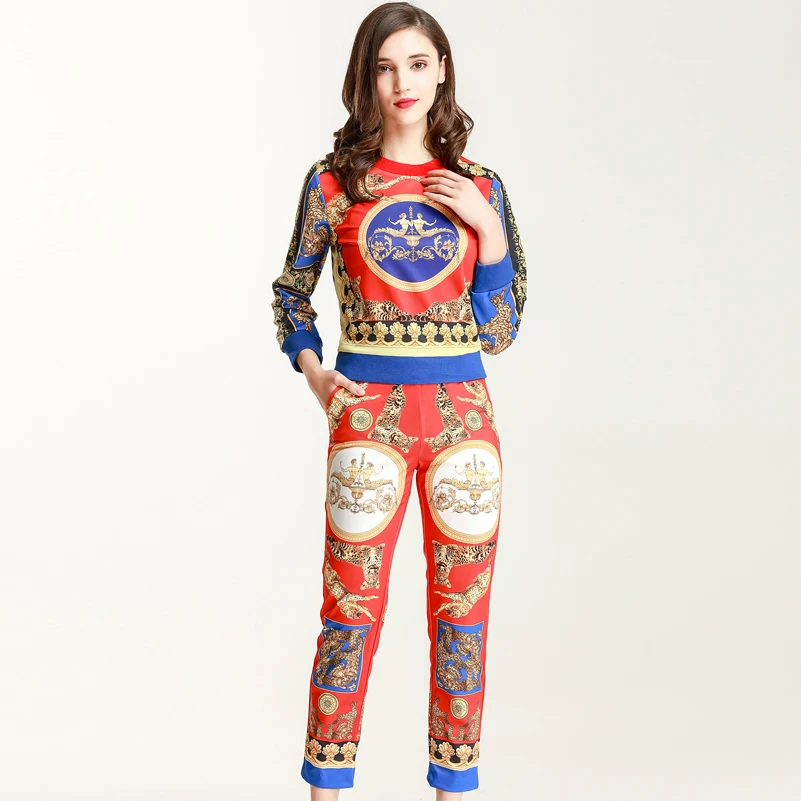 

2019 new Spring Fashion Runway Designer Suits Sets Women's Pattern Printed Pullover Top and Retro Long Pants 2 Piece Set