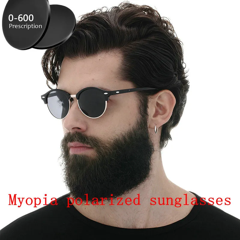 

2019 Custom Made Myopia Minus Prescription Polarized Lens Sunglasses Men Designer Half frame round Sun Glasses Male Goggles FML
