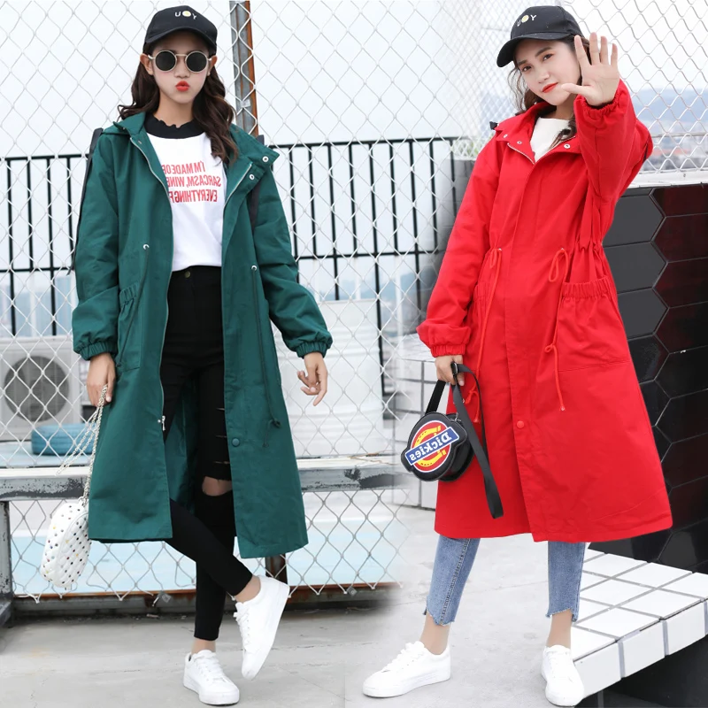 

Female Windbreaker 2019 Spring Autumn New Korean Fashion Students Hooded Coat Overcoat Loose Casual Women Long Trench Coats Tide