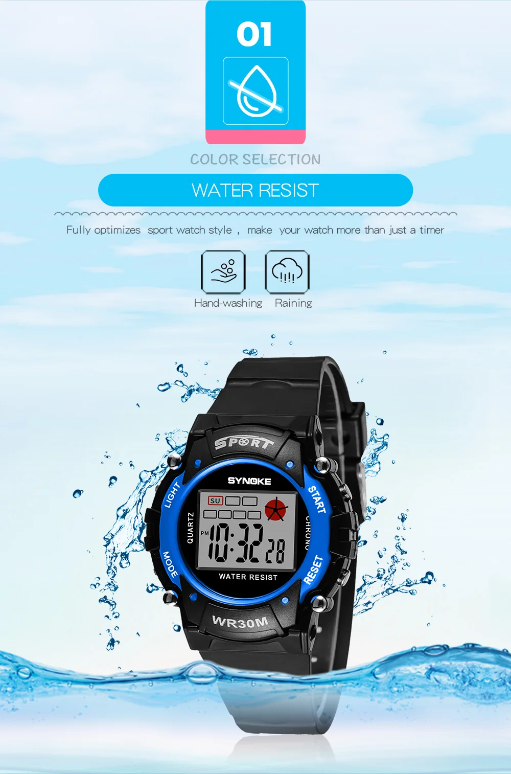 SYNOKE водостойкие детские электронные часы с подсветкой для мальчиков и девочек, спортивные цифровые часы-будильник, часы на открытом