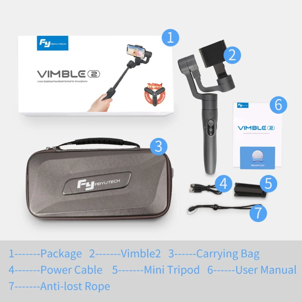 Original FeiyuTech Vimble 2 Feiyu 3-Axis Handheld Smartphone Gimbal Stabilizer with 183mm Pole Trip
