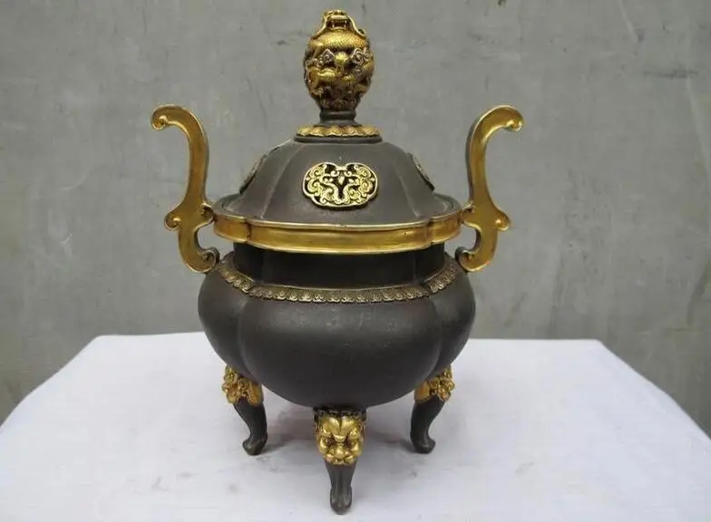 

China 100% purple Bronze 24K Gold Gild Dragon Three-Lion legged incense burner