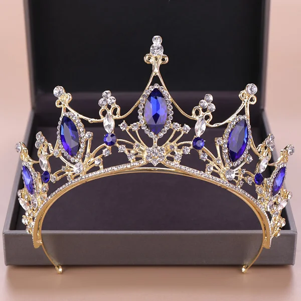 Gold Винтажные диадемы в стиле барокко с голубыми золотыми кристаллами и короны из горного хрусталя королевские диадемы свадебные женские украшения аксессуары для волос - Окраска металла: Gold