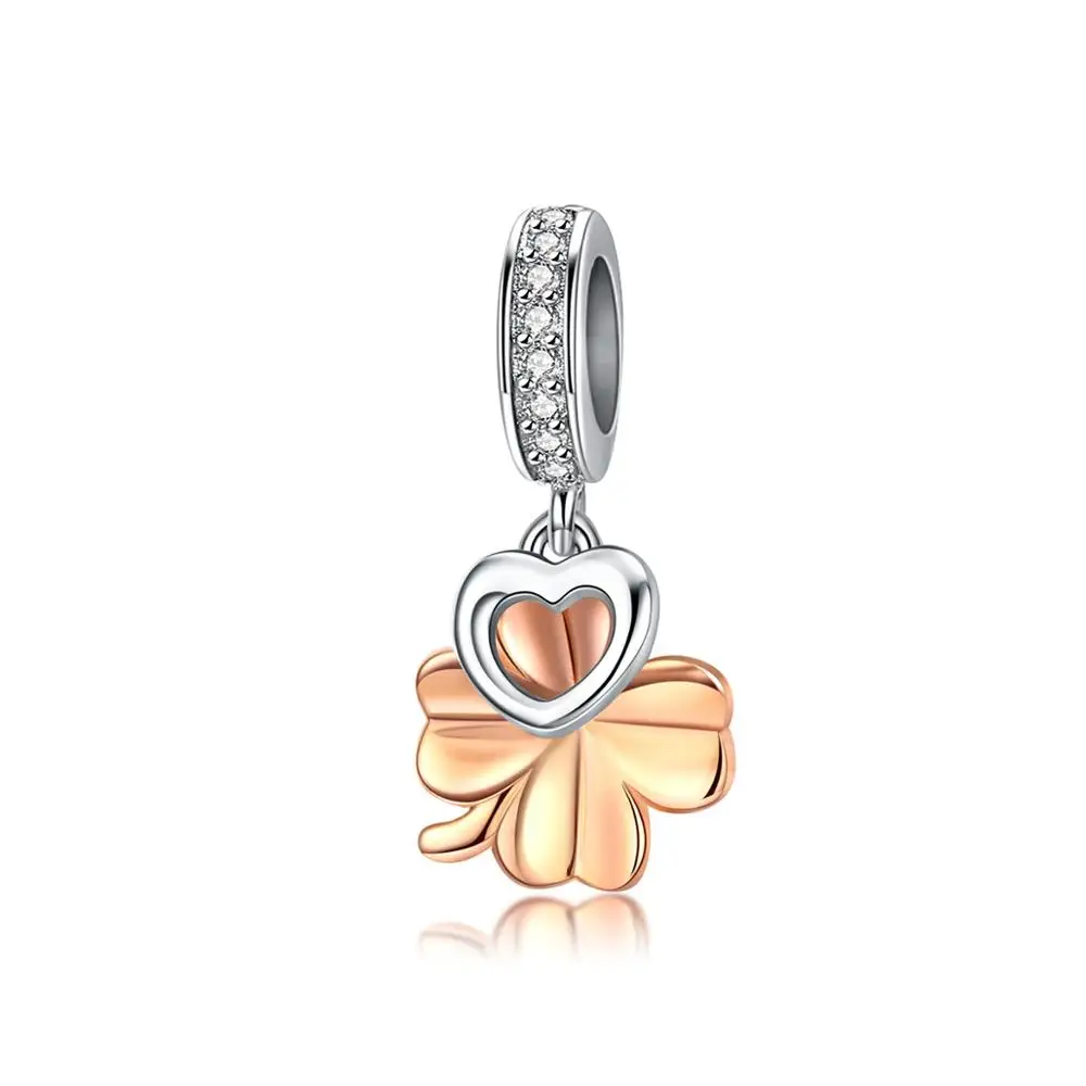 

INBEAUT Hot Sale 925 Sterling Silver Rose Gold Clover Heart Charms fit Pandora Bracelet s925 CZ Romantic Flower Beads Pendant