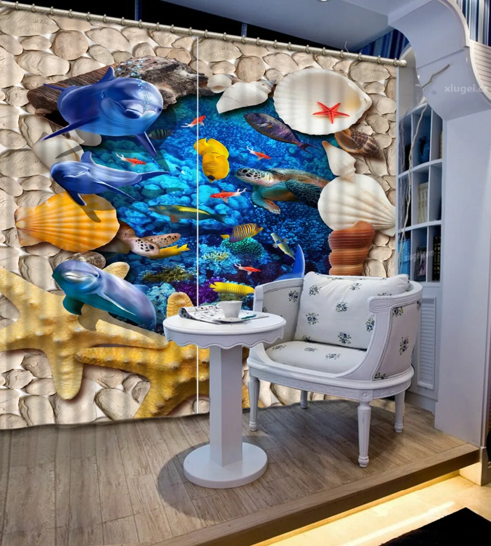 

2019 The New Curtain Custom dolphin Blackout Living Room Bedroom animal 3D Window Curtain Home decoration