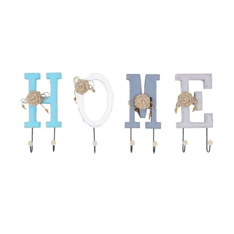 4pcs/Pack Wooden Hook English HOME Letters Coat Hat Hooks Creative Home Decor Wall Furnishing Articles For Wall Hanging