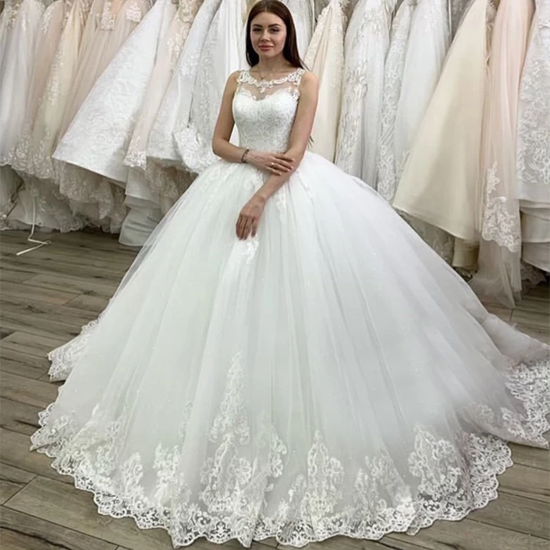 

New Arrival Vestido de Noiva Princess Ball Gown Wedding Dress Scoop Neck Applique Lace Bridal Dress Robe De Mariee Chapel Train