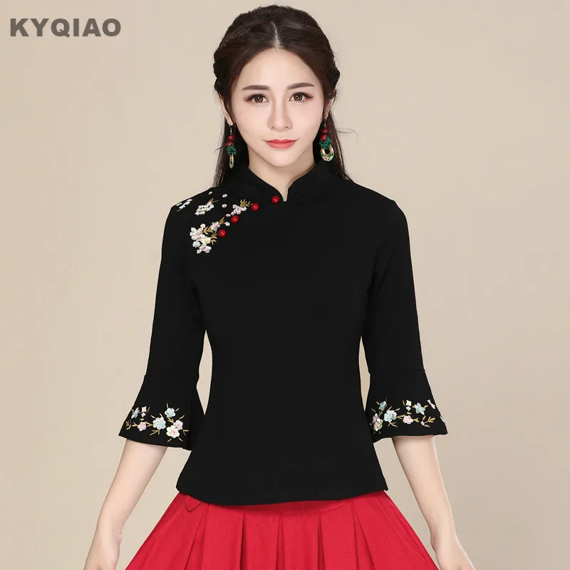 Comprar KYQIAO ropa tradicional china 2020 de talla grande mujer ropa otoño femenino mandarín cuello negro bordado blusa