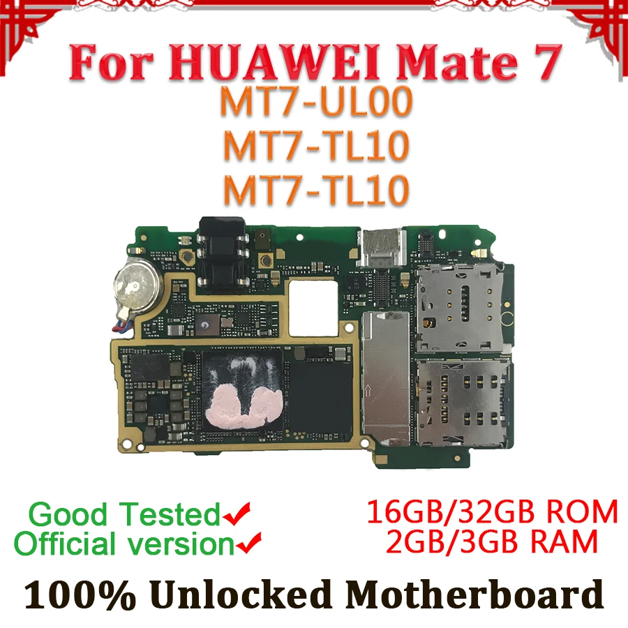 

100% Unlocked For Huawei Mate 7 motherboard MT7-UL00 MT7-TL10 With Full Chips For HUAWEI Mate 7 Logic Board,Free Shipping