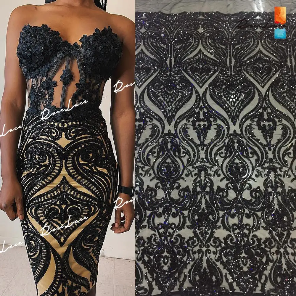 

Black Sequined Embroidered Mesh Tulle Lace Fabric 2019 High Quality Unique Design African Nigerian Sequns Wedding Net Material