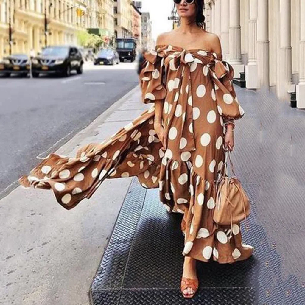 

2019 Summer Plus Size Women Long Dress Polka Dot Print Ankle Length Maxi Party Dress Off Shoulder Lace Ruffle Female Long Dress