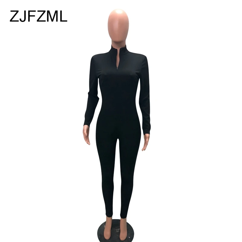 ZJFZML Womens Jumpsuit Long Sleeve Skinny Causal Outfits Rompers Female Front Zipper Overalls V Neck Party Club Sportsuits