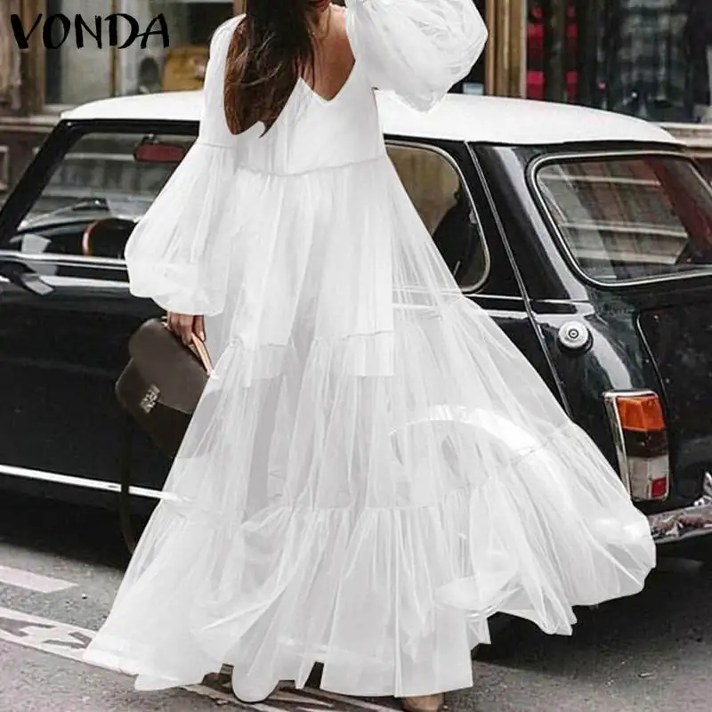 

VONDA Beach Dresses Spring Autumn Sexy V-Neck Lantern Long Sleeve High Waist Maxi Party Dress Vestido Plus Size Casual Sundress