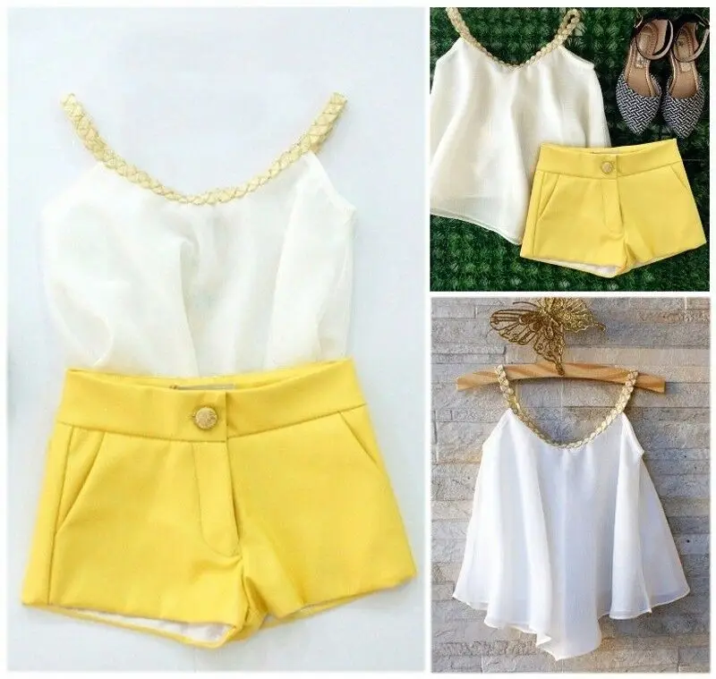 

Fashion Baby Kids Clothes Girls Outfits Chiffon Sleeveless Top Shirt+ Yellow Pants Shorts Summer Girls 2pcs Outfits Set