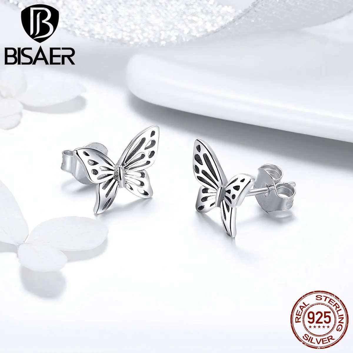 BISAER, серьги-бабочки, 925 пробы, серебряные, ажурные, Ретро стиль, Бабочка, серьги-гвоздики для женщин, Argent Bijoux, подарок для детей GXE452