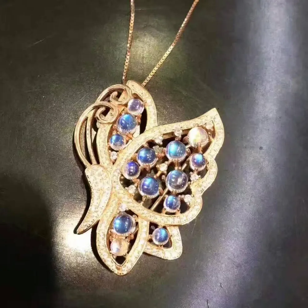 Натуральный голубой лунный камень Gem брошь S925 серебра, природных драгоценных камней брошь кулон роскошный прекрасные бабочки женщины два