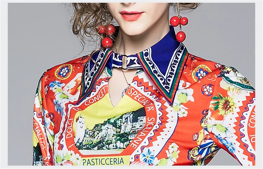Summer Fall new Runway Retro Baroque Print Collar Dress Long Sleeve Women Lady Party Casual slim Waist Dresses robe femme