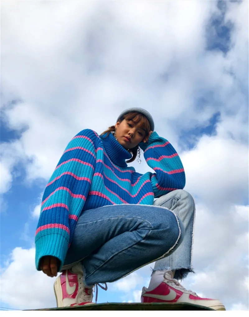 UNIF Womens Striped Roll Neck Jumper Runway sweater with Embroidered Letter Lazy Turtleneck Oversized Chunky Knit Pullovers