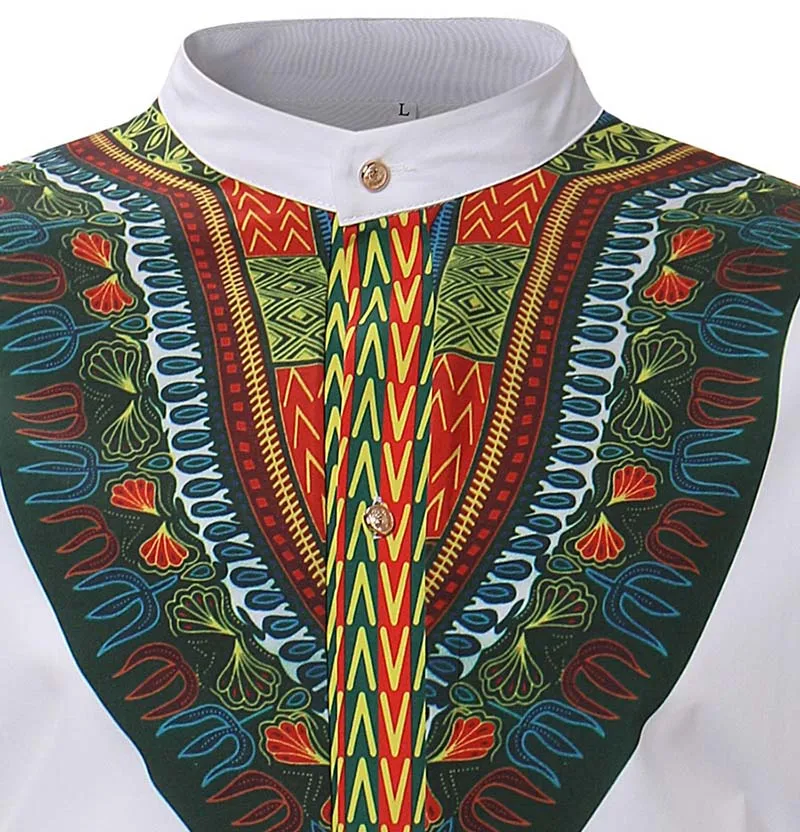 Африканская Мужская рубашка с принтом Дашики, на пуговицах, с воротником-стойкой, с длинными рукавами, весна-осень, белая модная крутая туника, топ для мужчин M-3XL