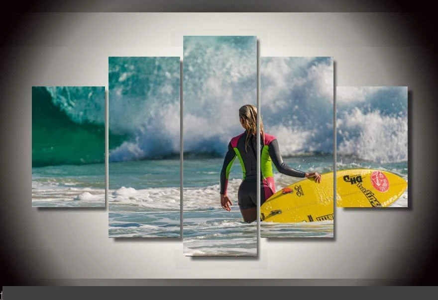 

Modern Indoor Decor Original R6 Woman surfing waves print poster canvas in 5 pieces