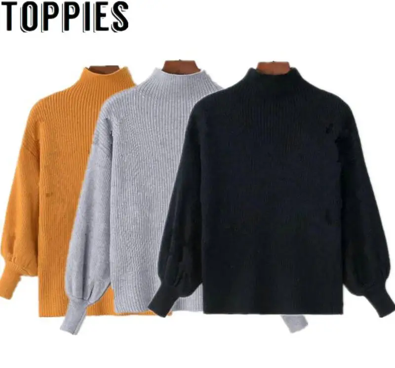 

2019 Winter Women Lantern Sleeves Half Turtleneck Knit Sweaters Comfy Loose Solid Color Knitted Jersey Plus Size sueter mujer